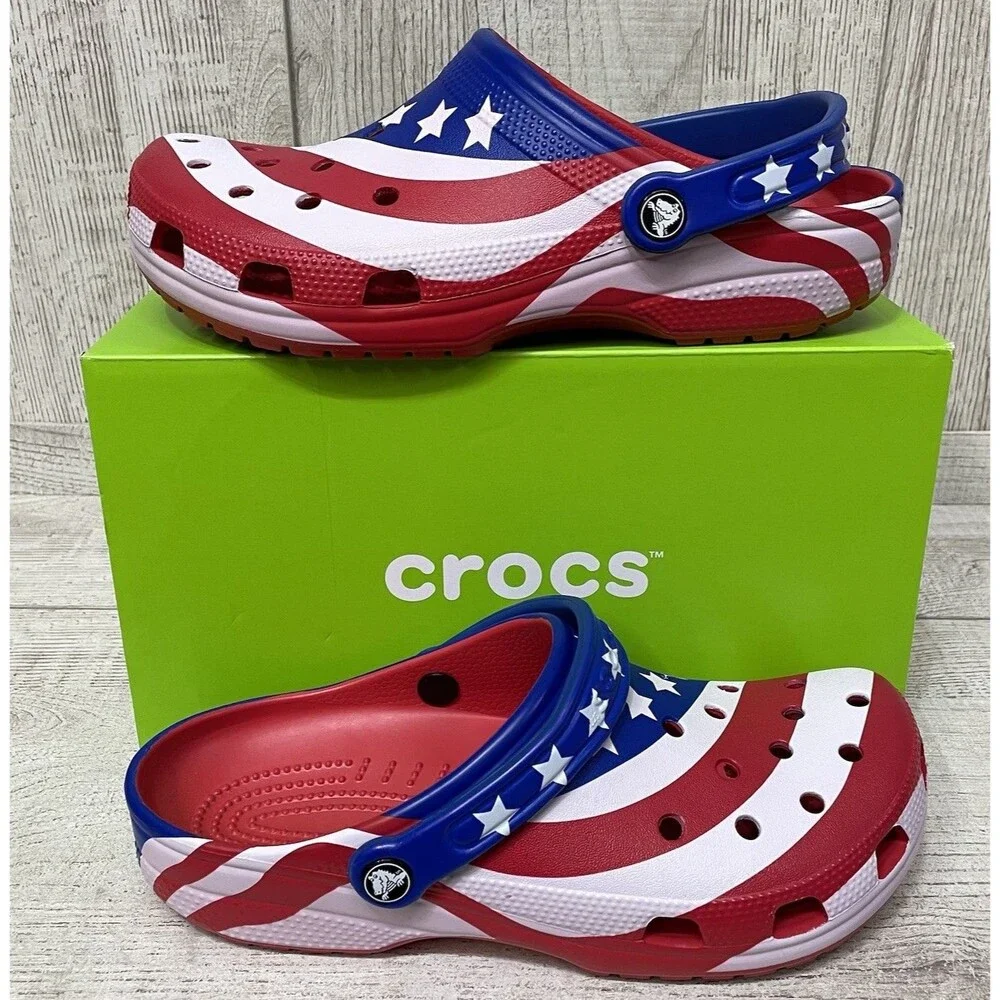 Crocs American Flag Clogs Men 8 Women 10 America Patriotic July 4th Red Blue New - Picture 1 of 10